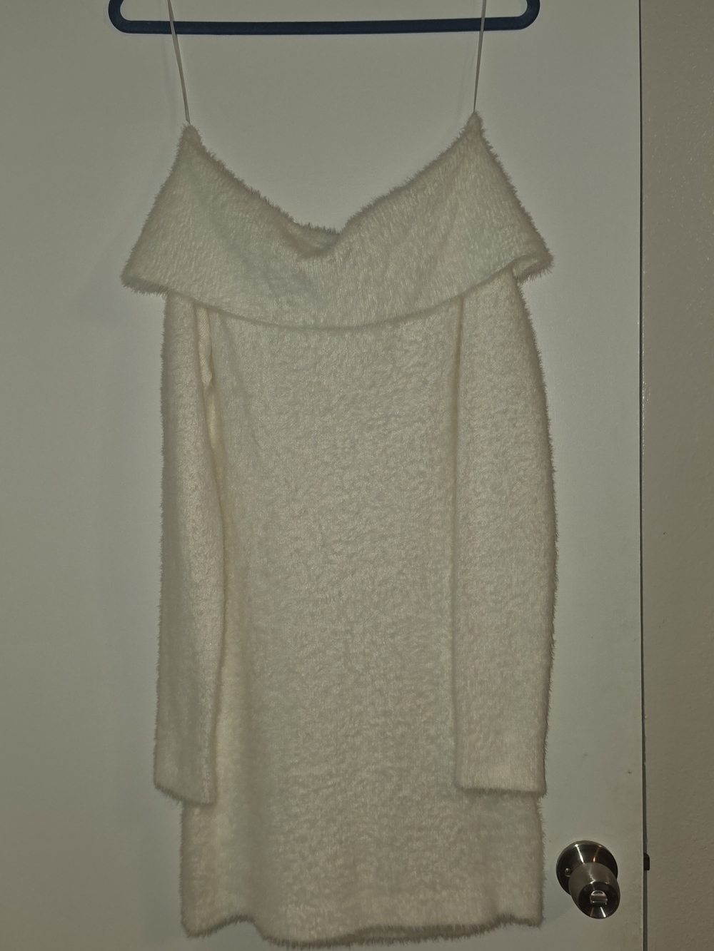 H&M Off-the-Shoulder Cream Fuzzy Knit Sweater Dress